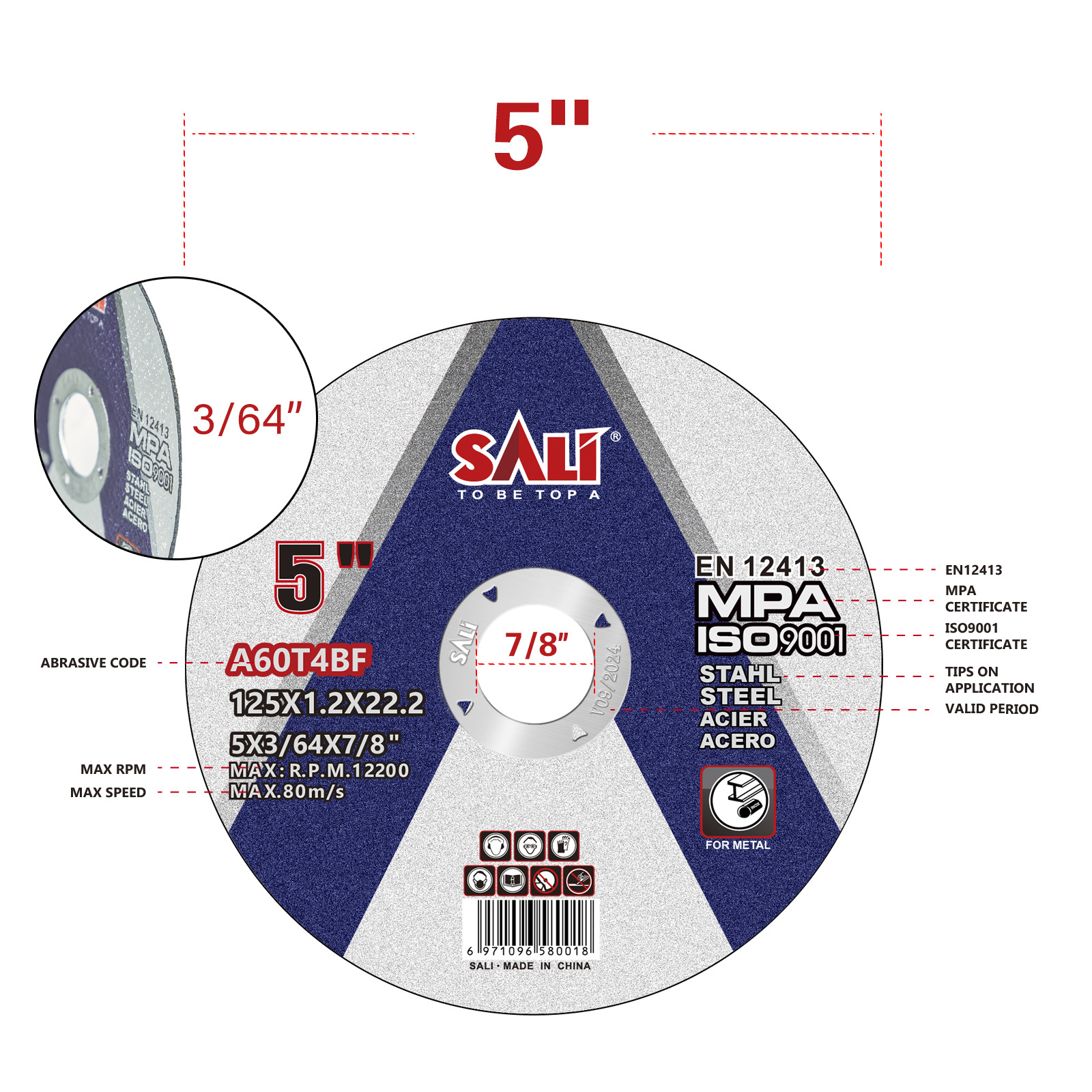 SALI 5Inch Sharp And Durable Abrasive Tools Stainless Steel Cutting Disc For Metal