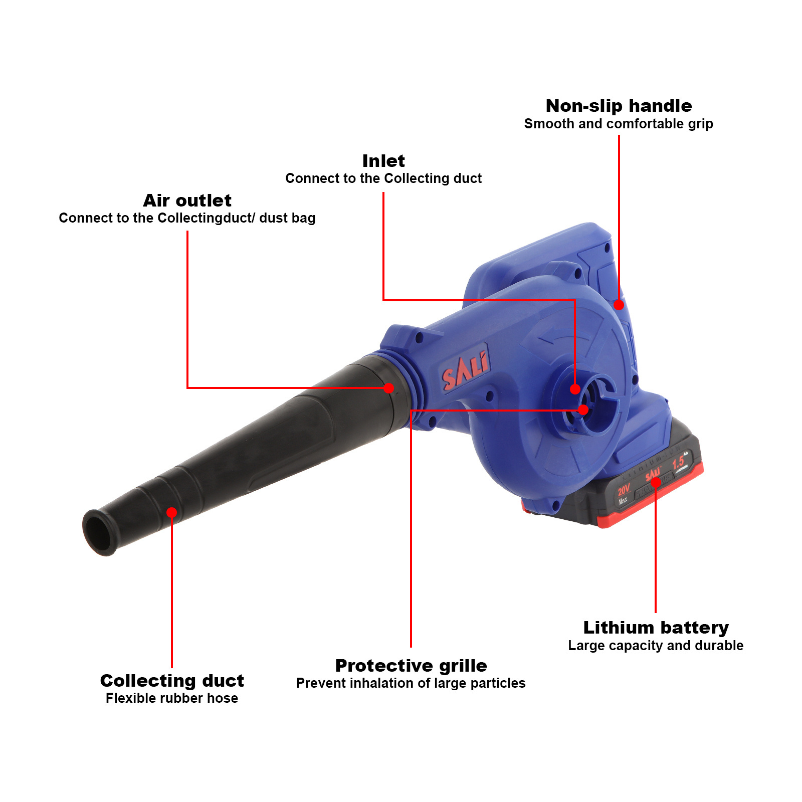 SALI double battery lightweight sawdust rechargeable dust blower wireless air cordless blower