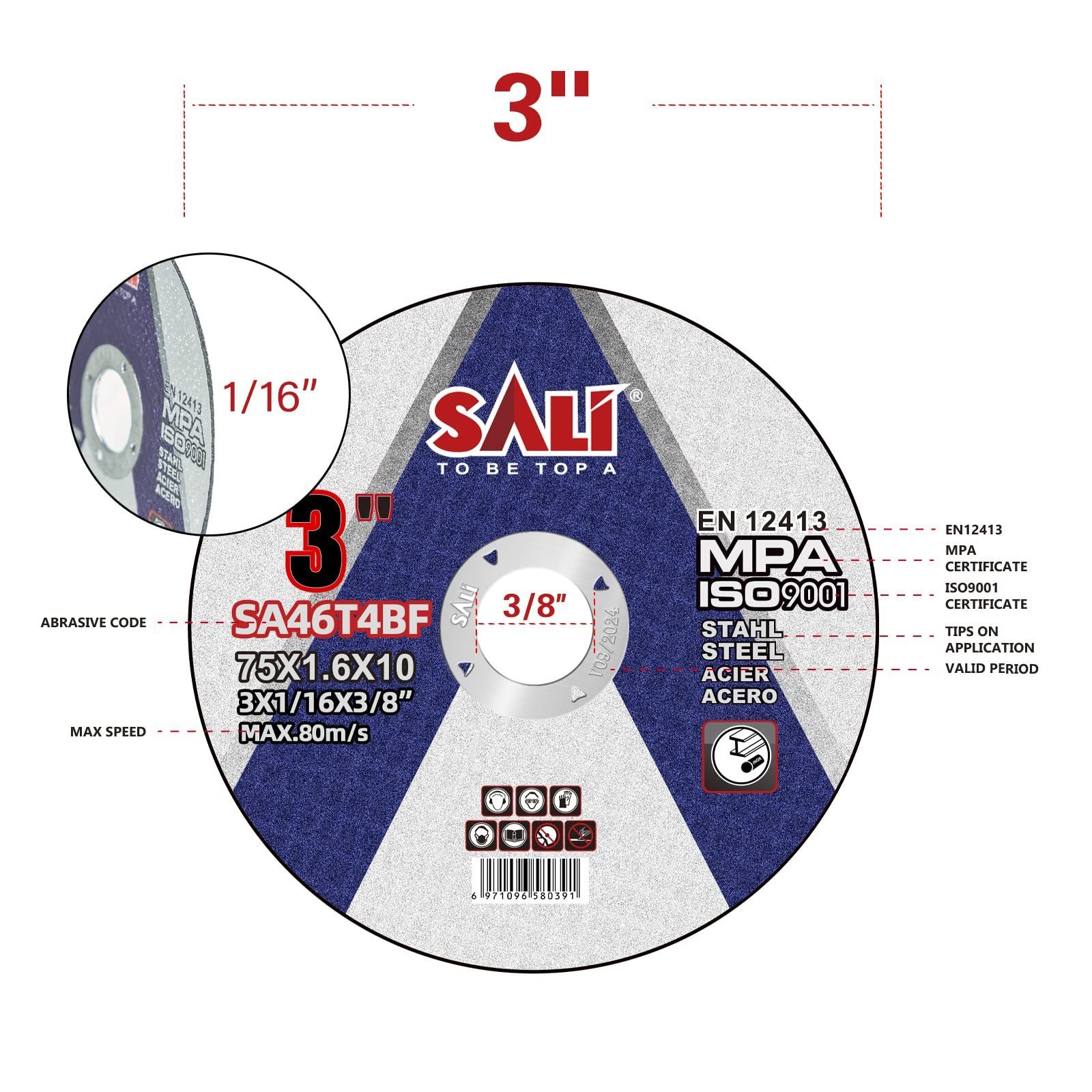 SALI high quality 75mm 3 inch abrasive disc factory custom OEM super thin metal cutting disc