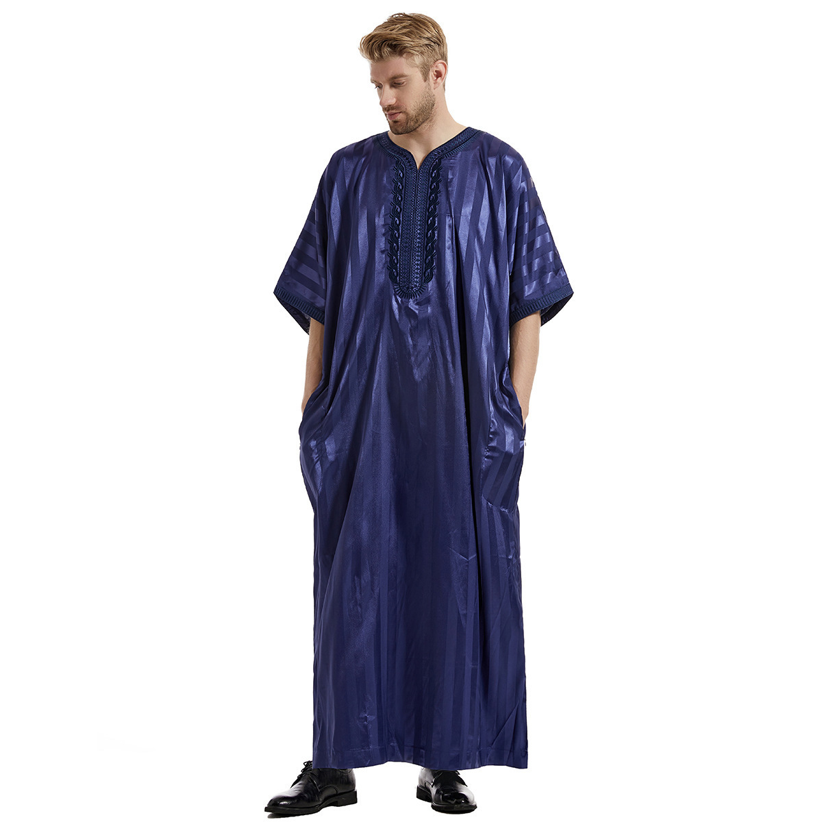 High Quality Embroidery Islamic Muslim Arab Thawb Caftan Short Sleeve Muslim Dress For Men Moroccan Thobe With Pocket