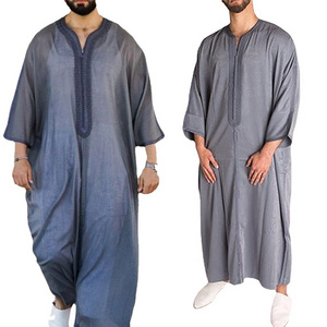 Wholesale Islamic Clothing Men Gray Muslim Robe Casual Pullover Kaftan Muslim Dress Hommes Musulman Islamic Thobe