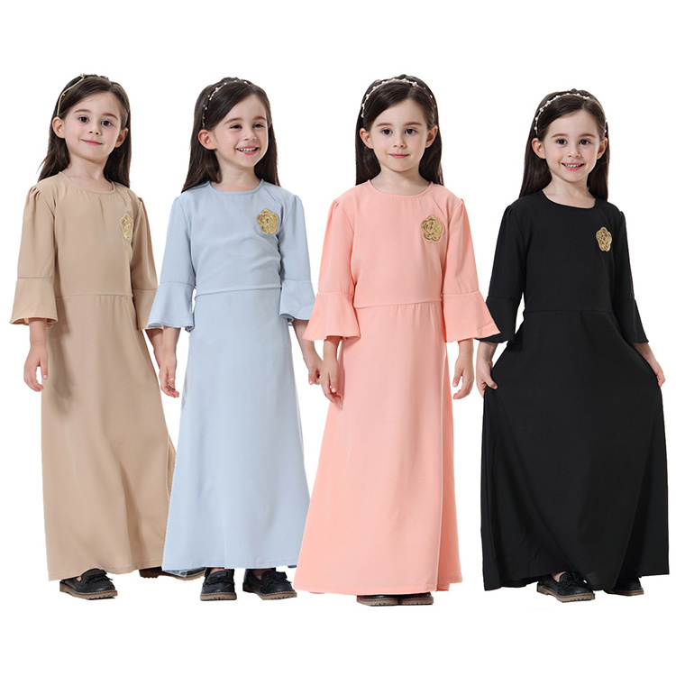 Manufacturer Supplier Kids Abaya Plain Color Moslem Dress Islamic Clothing Muslim Girls Dress With Bow Tie Belt