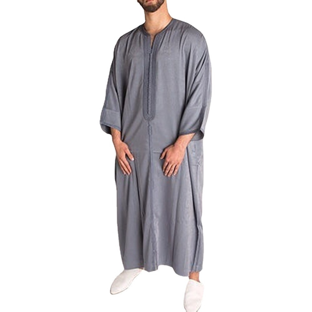 Wholesale Islamic Clothing Men Gray Muslim Robe Casual Pullover Kaftan Muslim Dress Hommes Musulman Islamic Thobe