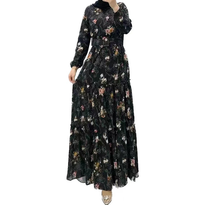 Middle East Printed Dress Islamic Turkey Robe Ladies Long Floral Maxi Dress Dubai Abaya Women Muslim Dress