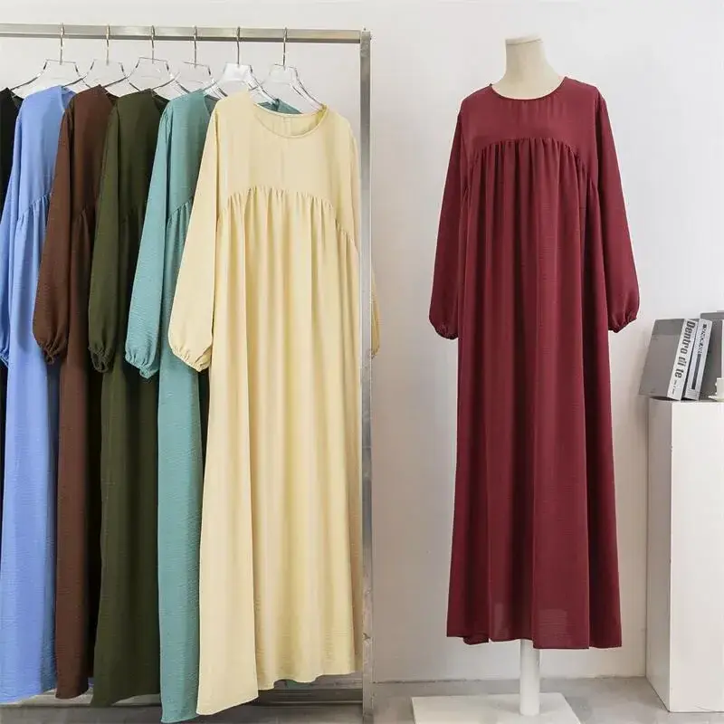 Wholesale New Dubai Solid Color Modest Abaya Material Loose Muslim Women Dress Long Sleeve Maxi Casual Abaya