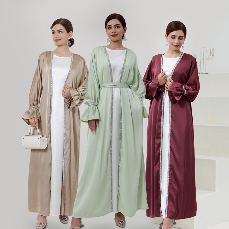 Eid New Design 2 Pcs Set Butterfly Abayas Beading Women Muslim Dress 2023 Dubai Modest Kimono Satin Abaya