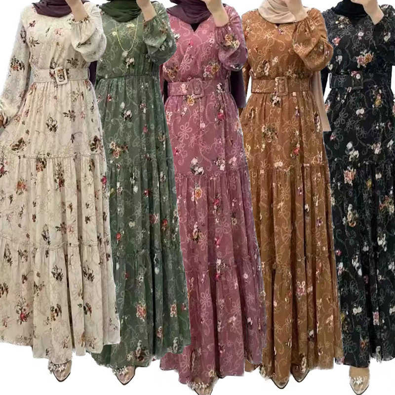 Middle East Printed Dress Islamic Turkey Robe Ladies Long Floral Maxi Dress Dubai Abaya Women Muslim Dress