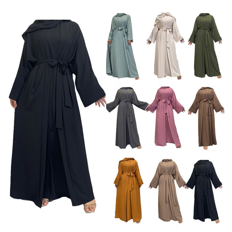 Top Selling 3 Pcs Modest Khimar Scarf Islamic Eid Jilbab Coat Burqa Winter Dubai HIjab Women Muslim Dress Open Abaya With Pocket