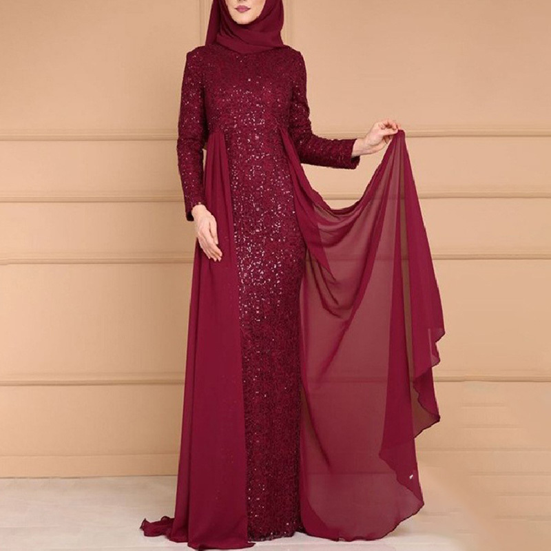 Hot Selling Islamic Clothing Sequin Kaftan Style Evening Prom Dress Luxury Gown Muslim Wedding Dress With Hijab