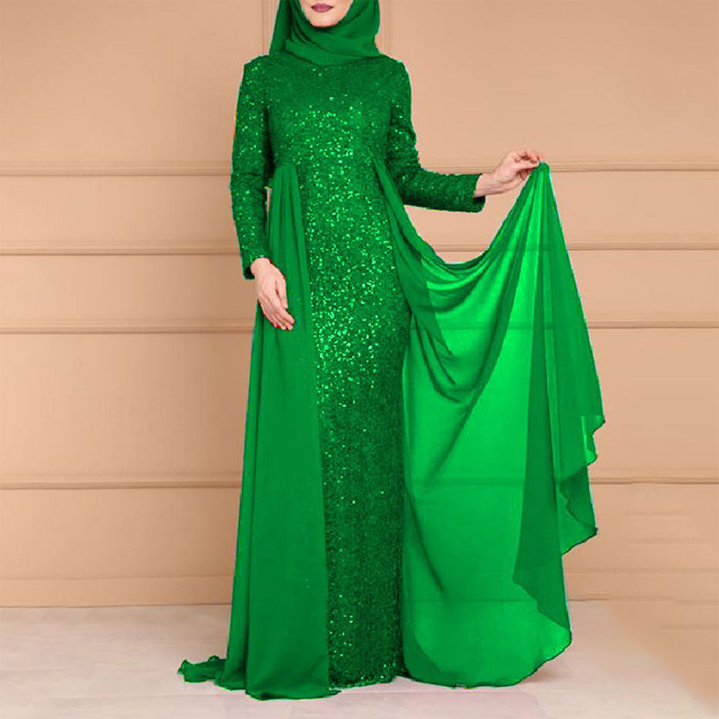 Hot Selling Islamic Clothing Sequin Kaftan Style Evening Prom Dress Luxury Gown Muslim Wedding Dress With Hijab