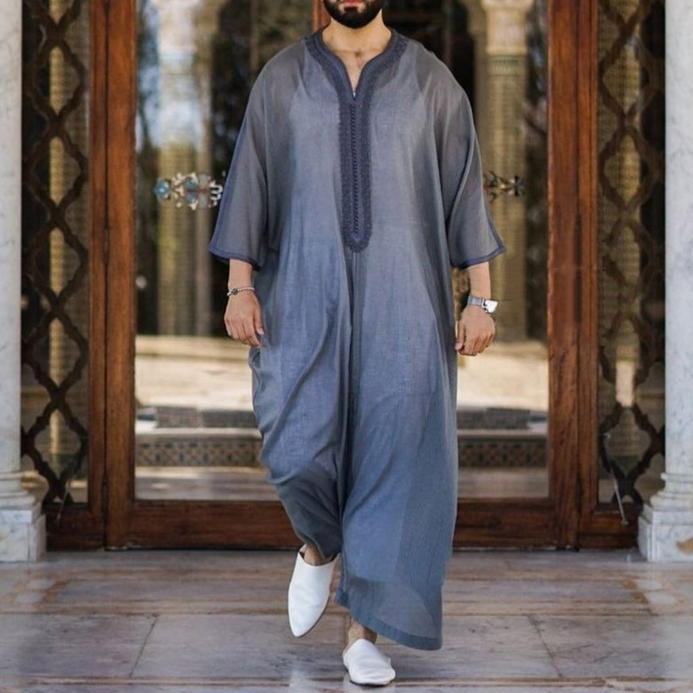 Wholesale Islamic Clothing Men Gray Muslim Robe Casual Pullover Kaftan Muslim Dress Hommes Musulman Islamic Thobe