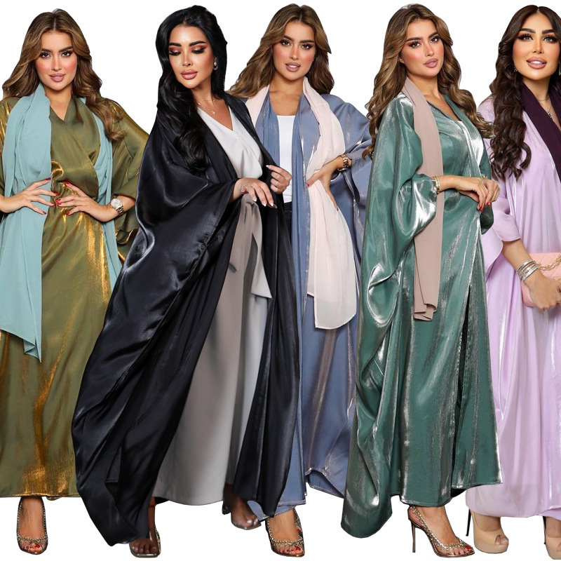 Shiny Islamic Abayas Kimono  Butterfly Sleeves Qatar Abaya Designs Long Women Muslim Dress Satin Abaya