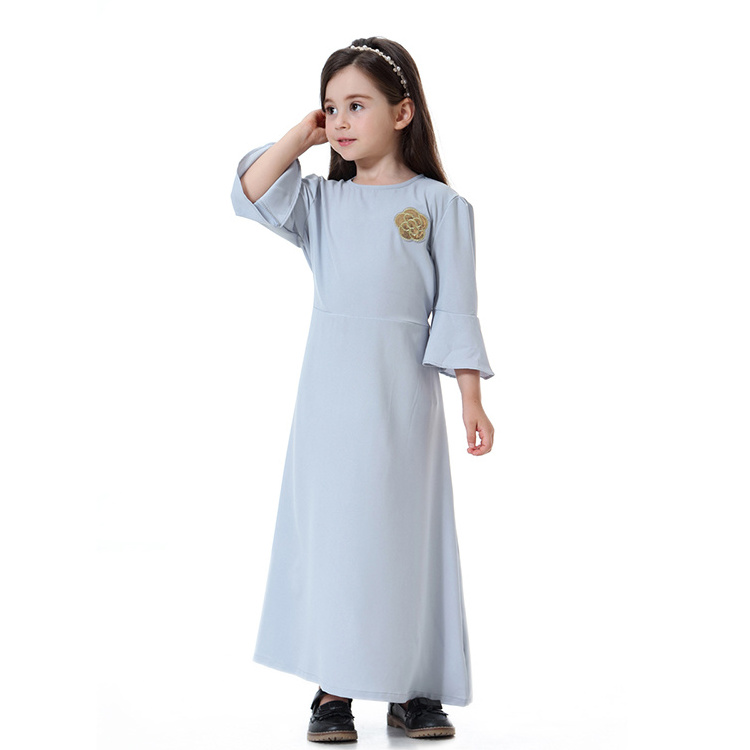 Manufacturer Supplier Kids Abaya Plain Color Moslem Dress Islamic Clothing Muslim Girls Dress With Bow Tie Belt