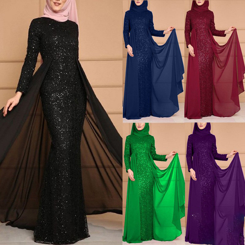 Hot Selling Islamic Clothing Sequin Kaftan Style Evening Prom Dress Luxury Gown Muslim Wedding Dress With Hijab