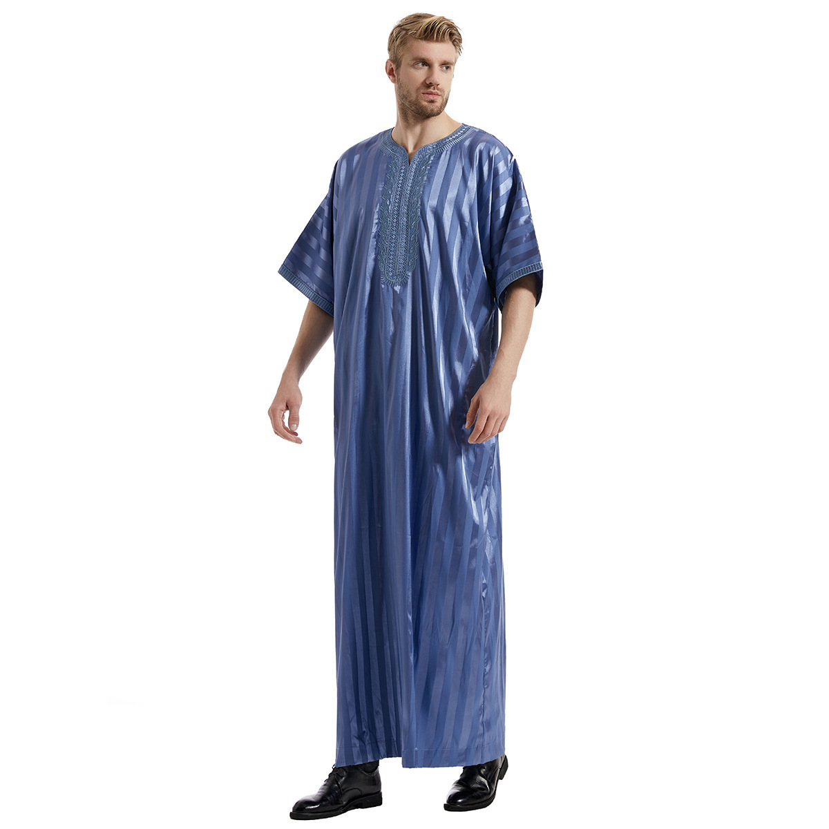 High Quality Embroidery Islamic Muslim Arab Thawb Caftan Short Sleeve Muslim Dress For Men Moroccan Thobe With Pocket