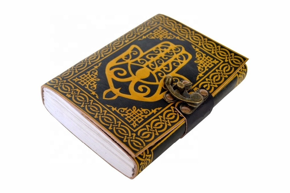 Hamsa Hand Sign Of Protection Leather Bound Book Of Shadow Celtic Embossed Personal Journal spiral notebook hamsa hand planner