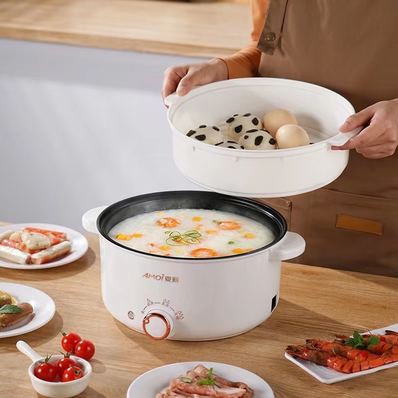 2024 Multi-function Electric Hot Pot Double Handle Non-stick Frying Pan with Steamer Cooking Pot