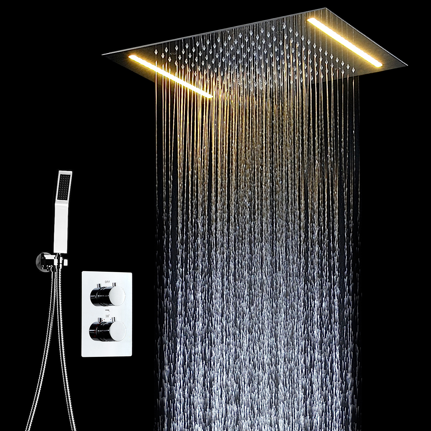 Bathroom Romantic LED Shower Panel SUS 304 Large Square Rainfall Shower Head With Thermostatic Valve Shower Kits