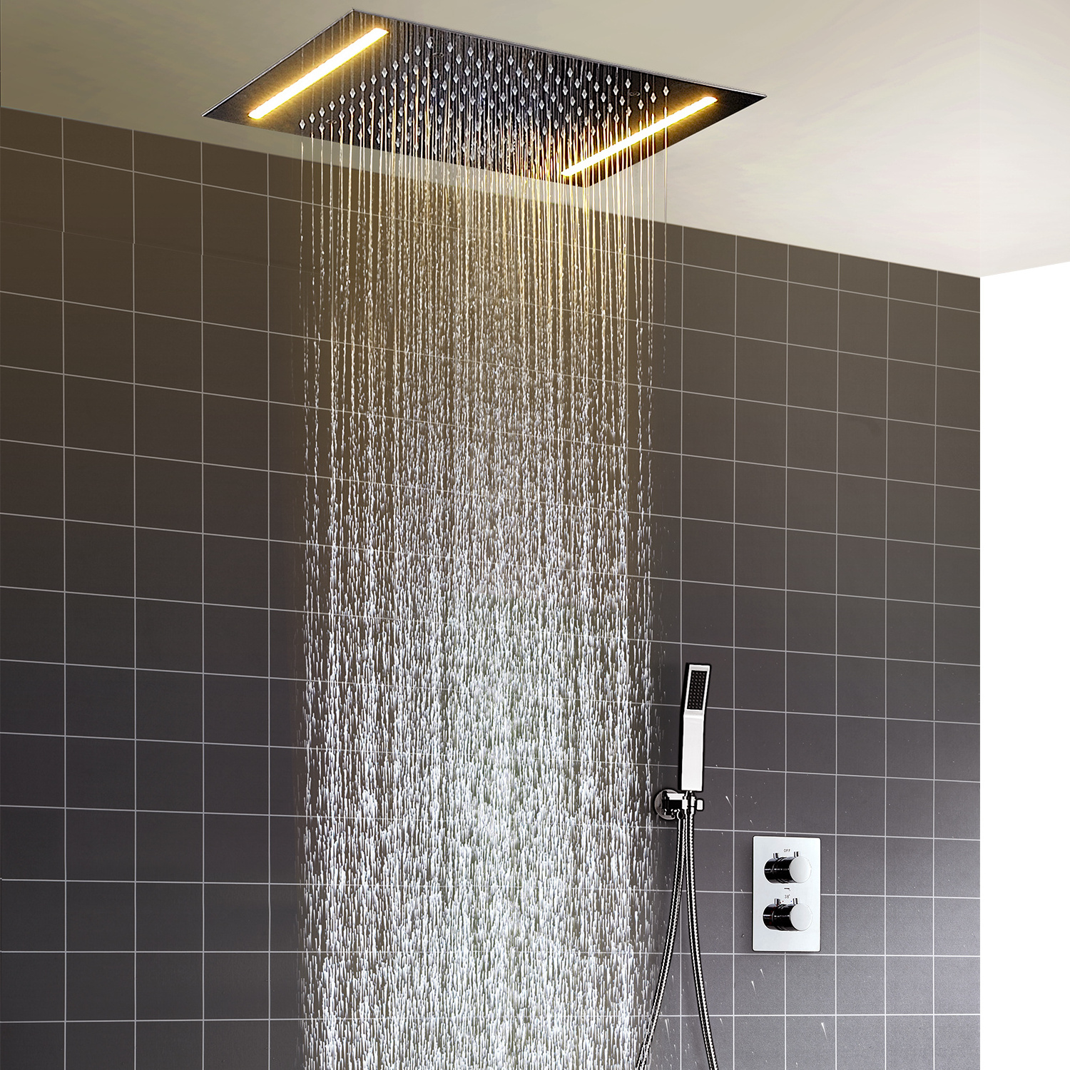 Bathroom Romantic LED Shower Panel SUS 304 Large Square Rainfall Shower Head With Thermostatic Valve Shower Kits