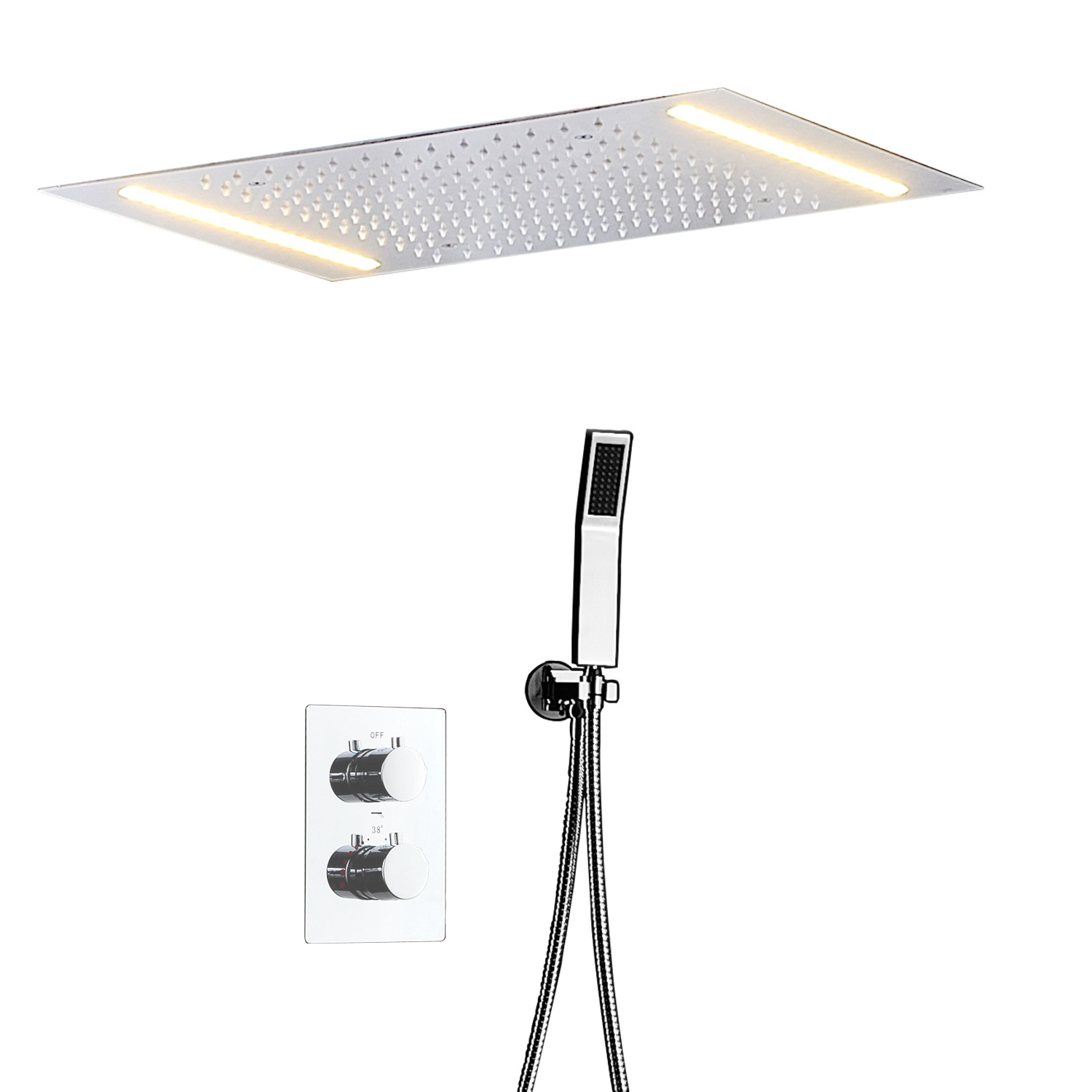 Bathroom Romantic LED Shower Panel SUS 304 Large Square Rainfall Shower Head With Thermostatic Valve Shower Kits