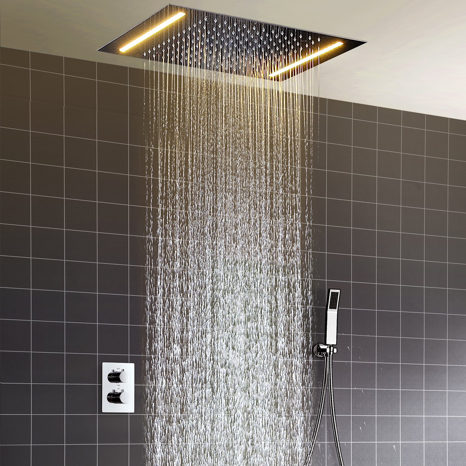 Bathroom Romantic LED Shower Panel SUS 304 Large Square Rainfall Shower Head With Thermostatic Valve Shower Kits