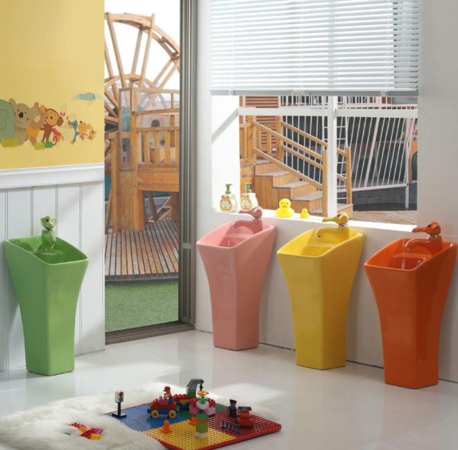 Hot selling children's colored ceramic connected column basin Cartoon wash basin for kindergarten