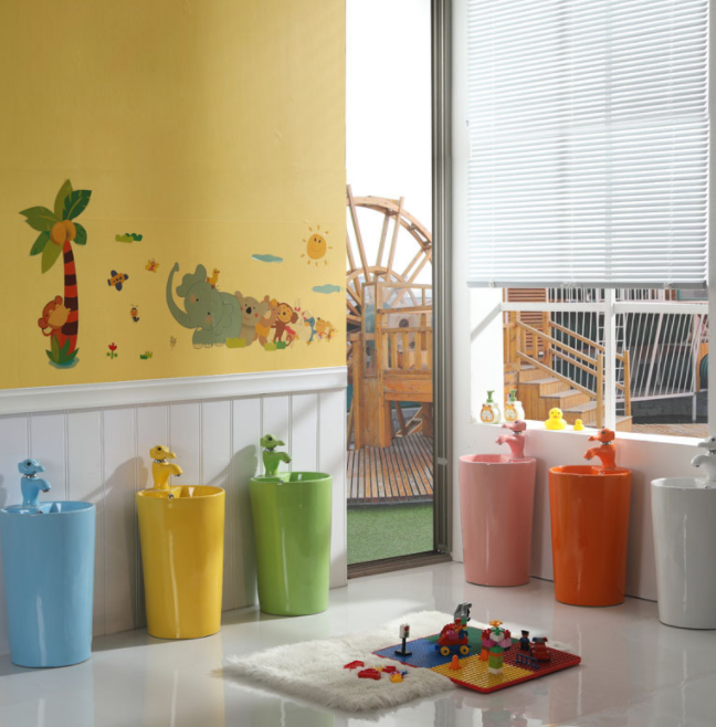 Hot selling children's colored ceramic connected column basin Cartoon wash basin for kindergarten