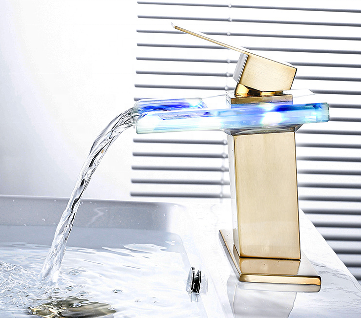 New creative glass square waterfall sink faucet with hot and cold water color LED lighting bathroom faucet