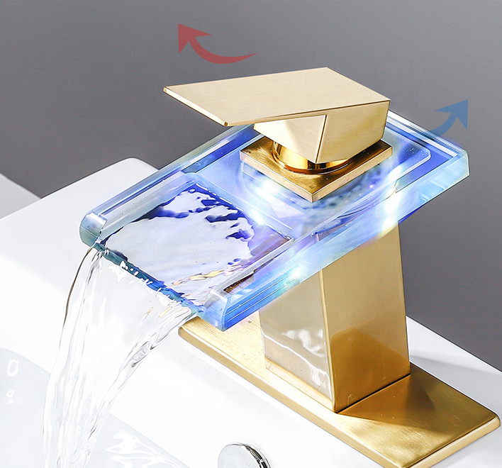 New creative glass square waterfall sink faucet with hot and cold water color LED lighting bathroom faucet