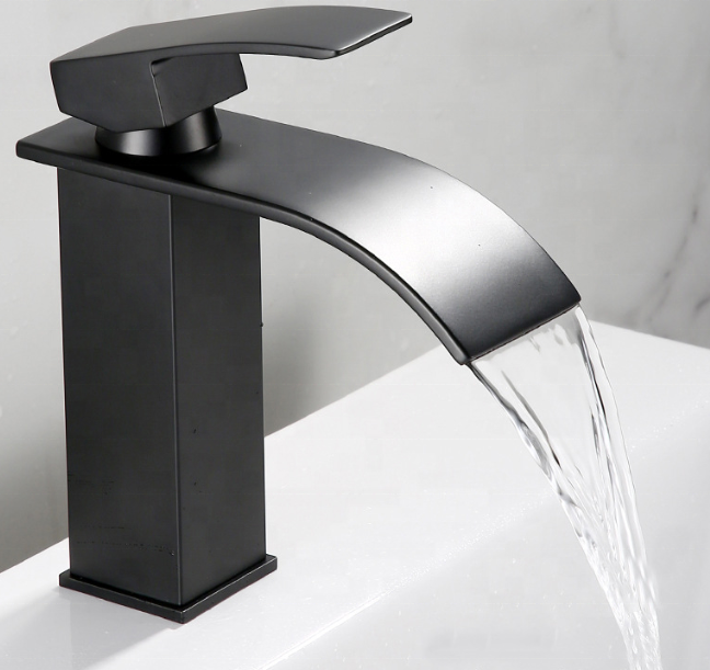 Hotel single hole square waterfall faucet bathroom 304 stainless steel silver bathroom sink faucet