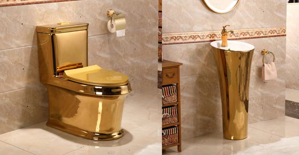 Luxury style sanitary ware fashion modern gold plated stand sink wc bowl bathroom ceramic gold toilet set with pedestal basin