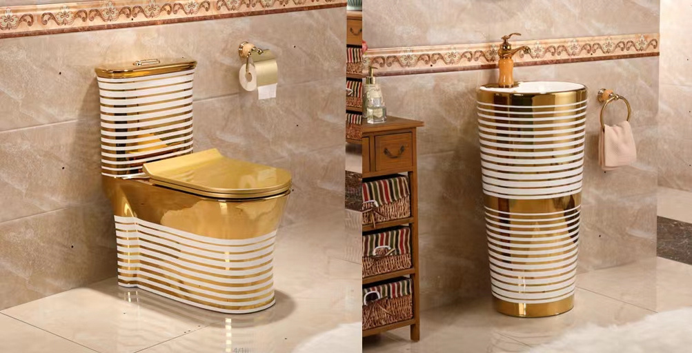 Luxury style sanitary ware fashion modern gold plated stand sink wc bowl bathroom ceramic gold toilet set with pedestal basin