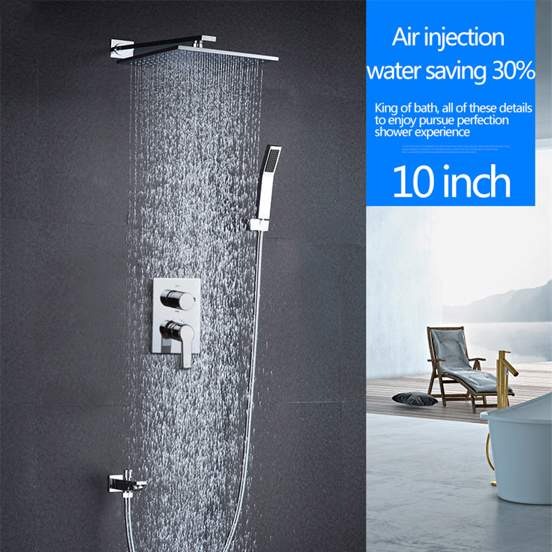 Home Use 10 inches brass ss304 air pressure hot and cold chrome shower head set water saving 2 ways rainfall shower diverter kit