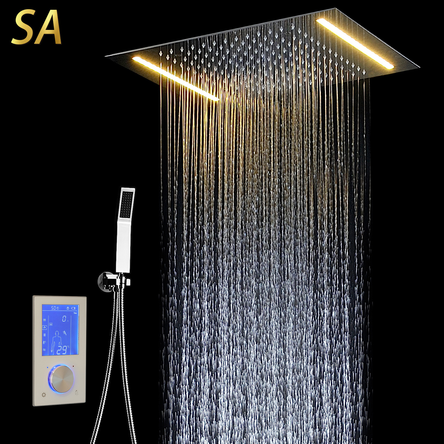 Hot 3 Way Temperature Thermostatic Mixer Bathroom Rain Shower Set With 3 Body spray LED Lights &Hand shower Remote control color