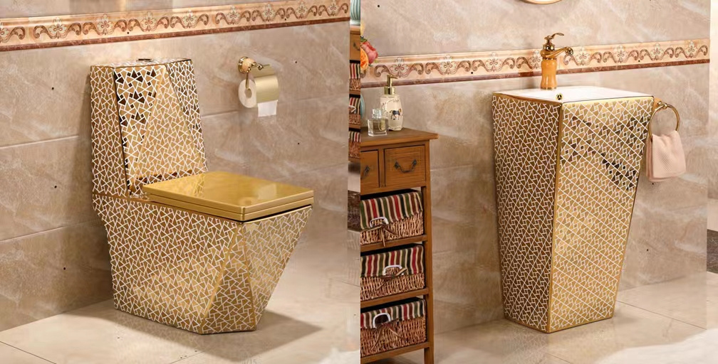 Luxury style sanitary ware fashion modern gold plated stand sink wc bowl bathroom ceramic gold toilet set with pedestal basin