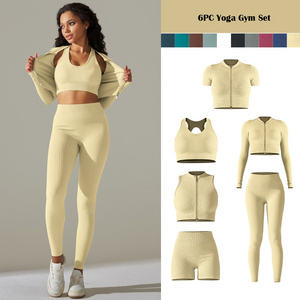 6PC Gym Fitness Sets Yoga Wear Suit Solid Color Scrunch Butt Workout Knitted Seamless Ribbed Yoga Set For Women