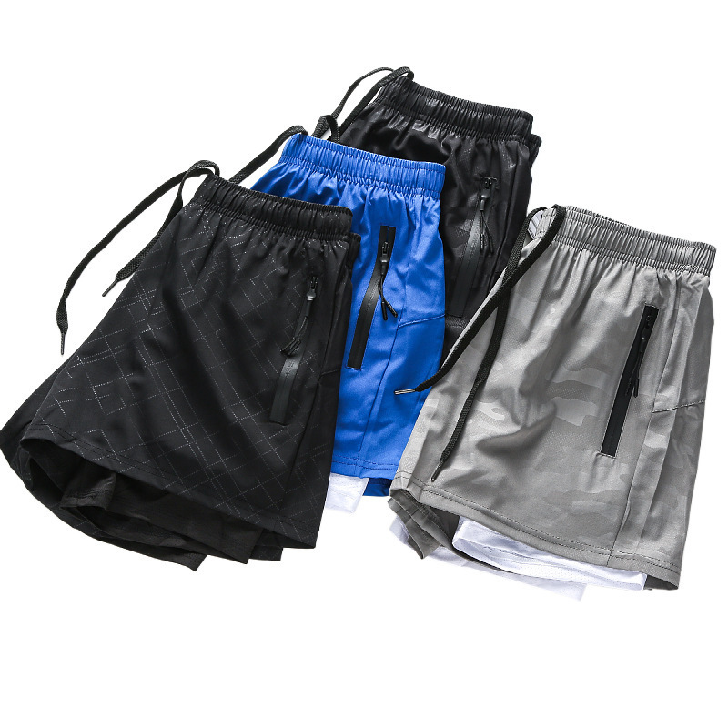 2 In 1 5 Inch Sweat Gym Shorts Men Compression Liner Woven Embossed Polyester Workout Double Layer Mesh Shorts