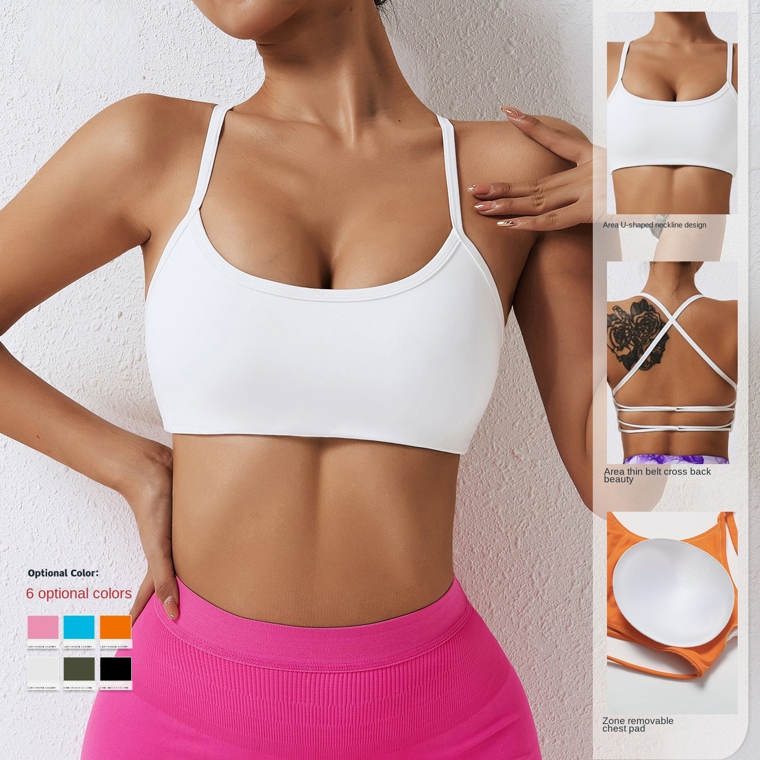 Solid Color Thin straps cross back gym yoga Top Shockproof With Chest Pad women Fitness Detachable Sport Bra