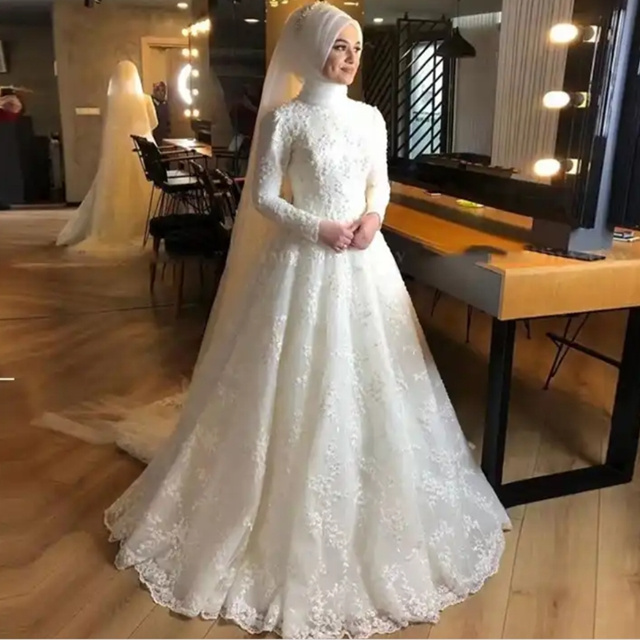 2024 New Bride Wedding Long Sleeve High Waist White Dignified Elegant Muslim Wedding Dress