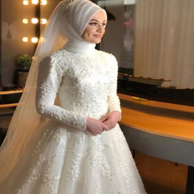 2024 New Bride Wedding Long Sleeve High Waist White Dignified Elegant Muslim Wedding Dress