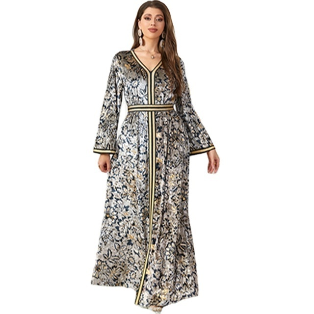 2023 Arab New Arrival Printed Velvet Dress Middle East Dubai Fashion Evening Dress Muslim Abaya for Women