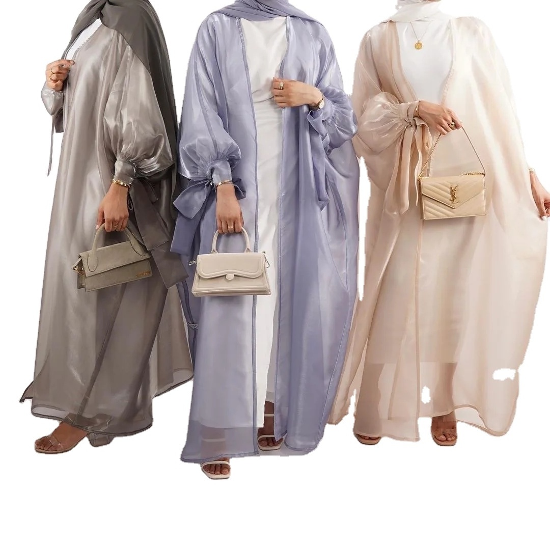 2023 Hot Islamic Clothing Muslim Clothing Wholesale Glossy Women'S Open Abaya With Ribbon Bubble Cuffs