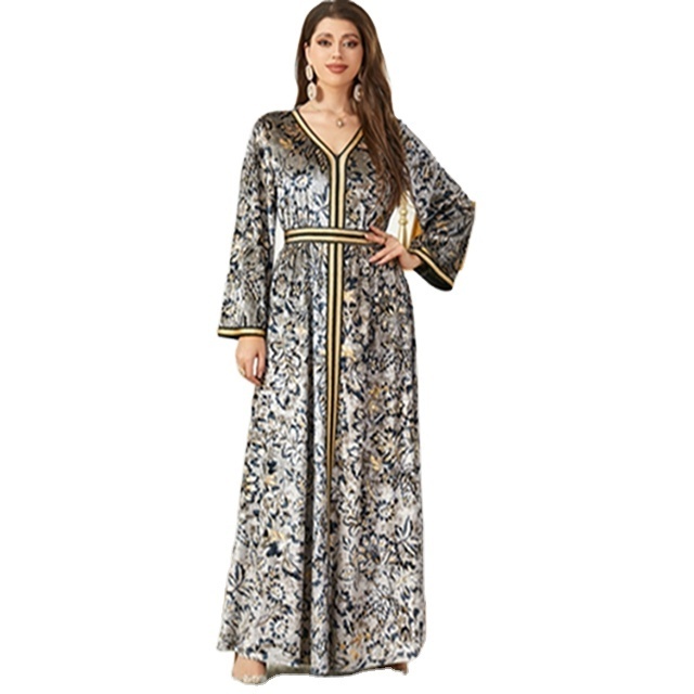 2023 Arab New Arrival Printed Velvet Dress Middle East Dubai Fashion Evening Dress Muslim Abaya for Women