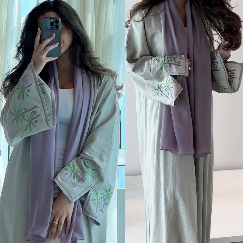 Solid Color Middle East Style Muslim Ladies Embroidery Linen Fabric Split Sleeve Abay