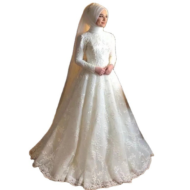 2024 New Bride Wedding Long Sleeve High Waist White Dignified Elegant Muslim Wedding Dress