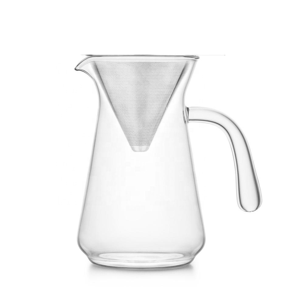 Hot Style Paperless Reusable Stainless Steel Filter Pour Over Glass Coffee Maker Handle 360Ml/600Ml Borosilicate Glass Carafe