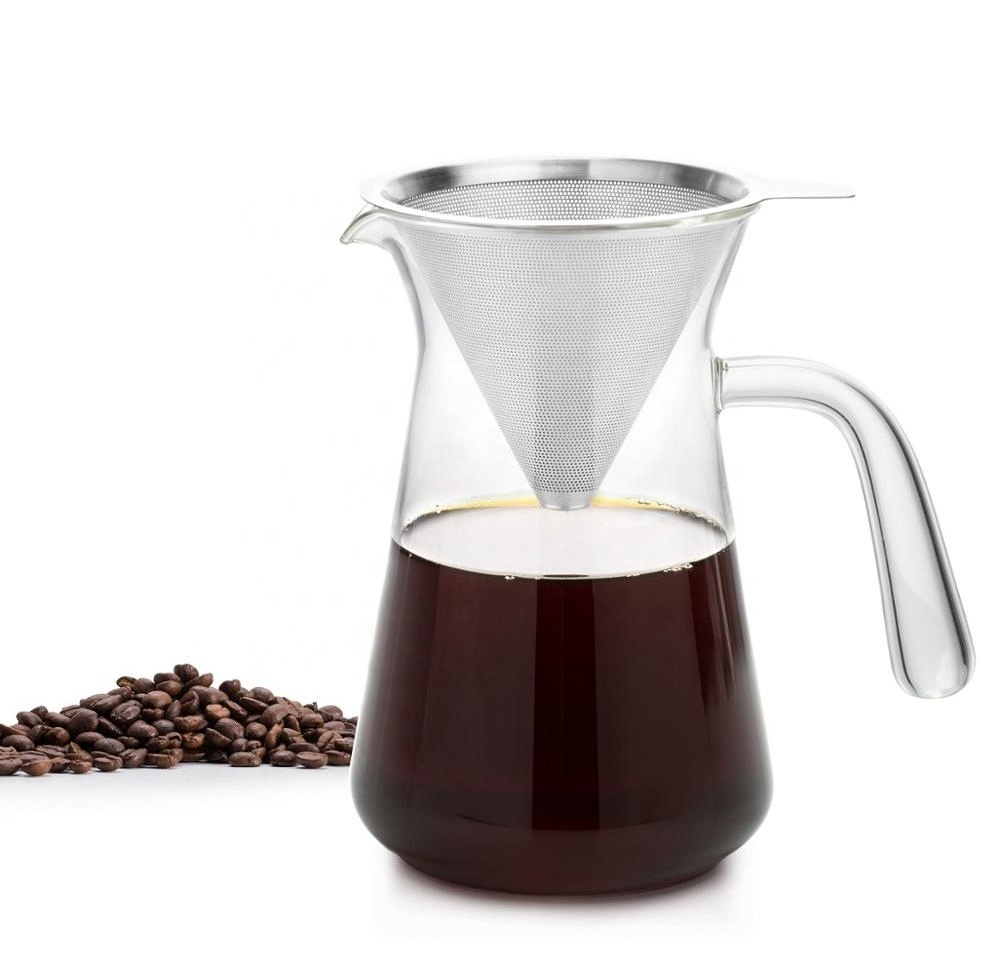 Hot Style Paperless Reusable Stainless Steel Filter Pour Over Glass Coffee Maker Handle 360Ml/600Ml Borosilicate Glass Carafe