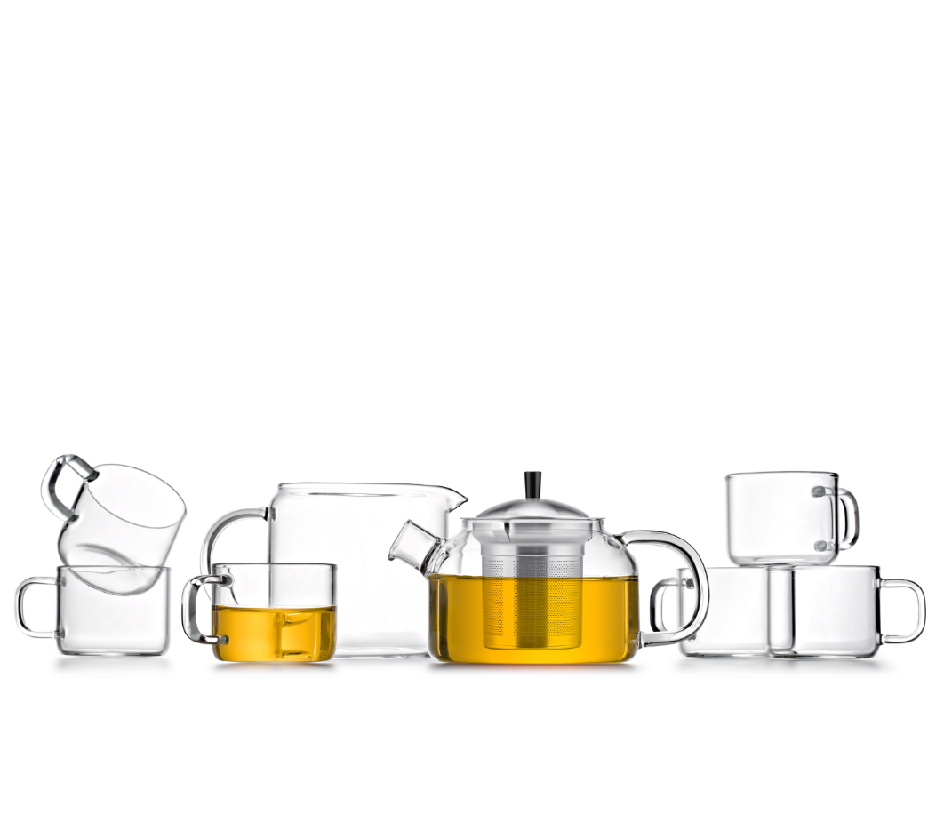 Heat Resistant Glass Borosilicate Glass Kettle 6 Small Tea Cups One Fair Cup Clear Glass Teapot Set with Stainless Steel Infuser