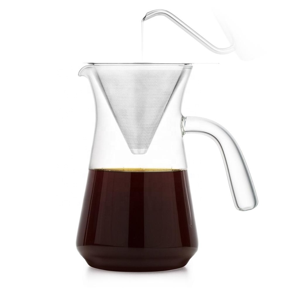 Hot Style Paperless Reusable Stainless Steel Filter Pour Over Glass Coffee Maker Handle 360Ml/600Ml Borosilicate Glass Carafe