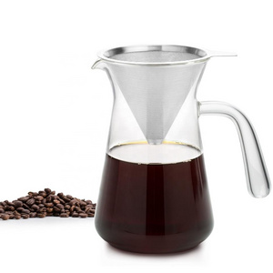 Hot Style Paperless Reusable Stainless Steel Filter Pour Over Glass Coffee Maker Handle 360Ml/600Ml Borosilicate Glass Carafe